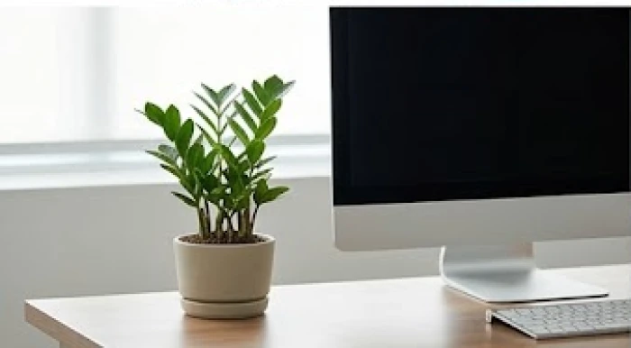 Chậu cây kim tiền nhỏ gọn dưới 30 cm đặt cách xa màn hình máy tính giúp bàn làm việc thông thoáng và an toàn