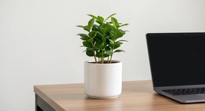 Chậu cây cảnh để bàn nhỏ gọn cao khoảng 30 cm đặt cân đối bên cạnh máy tính trên bàn làm việc gọn gàng