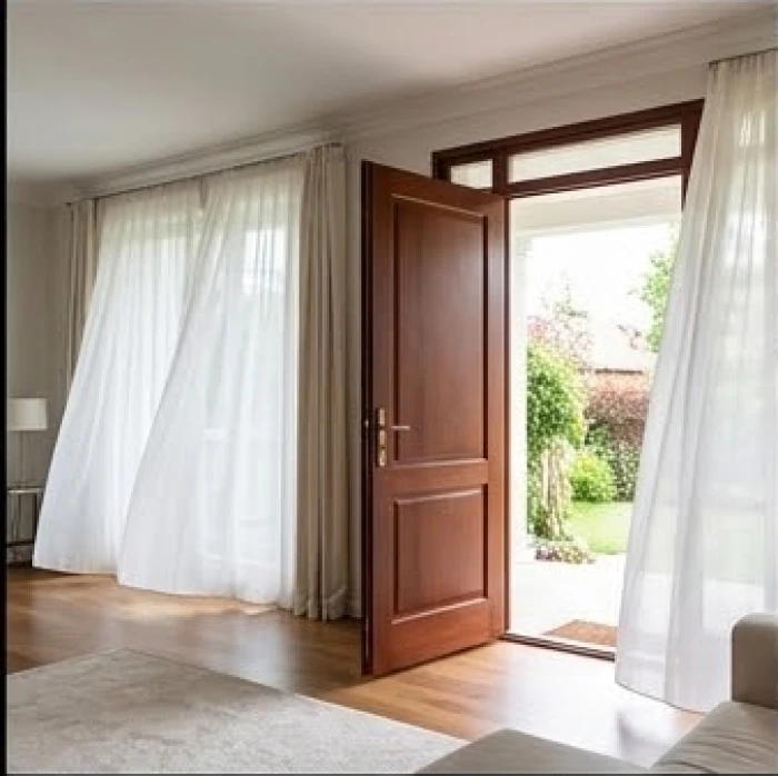 Cửa chính bằng gỗ gõ đỏ mở rộng đón luồng gió mát tự nhiên từ bên ngoài vào phòng khách