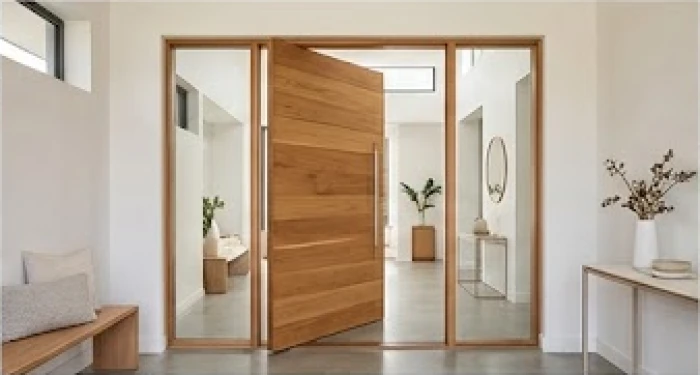 Cửa chính bằng gỗ được thiết kế rộng rãi với tỷ lệ cân đối giúp đón dòng khí tươi vào nhà