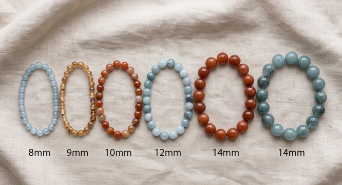 So sánh các kích thước hạt vòng đá phong thủy từ 8mm đến 14mm để người đeo chọn size vừa cổ tay