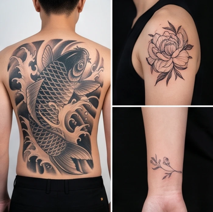 Sự phân bổ diện tích và kích thước hình xăm hợp tuổi dần từ cỡ nhỏ đến kín lưng trên cơ thể nam giới