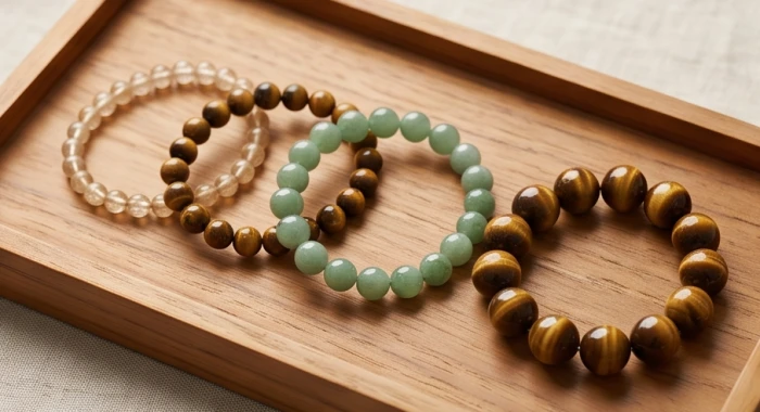 Các mẫu hạt vòng tỳ hưu đá tự nhiên kích thước chuẩn từ 8 mm đến 14 mm trên đĩa gỗ
