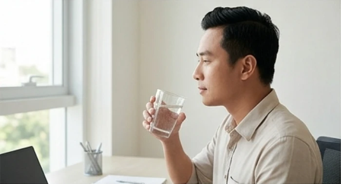 Nhân viên văn phòng đinh mão 1987 uống ly nước mát và hít thở sâu để tĩnh tâm sau phút căng thẳng