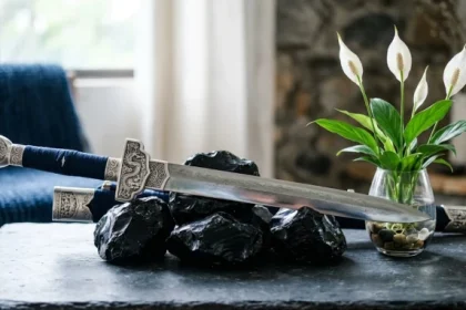 Thanh bảo kiếm sáng bóng đặt cạnh bình cây thủy sinh giúp giải đáp khái niệm kiếm phong kim là gì trong phong thủy