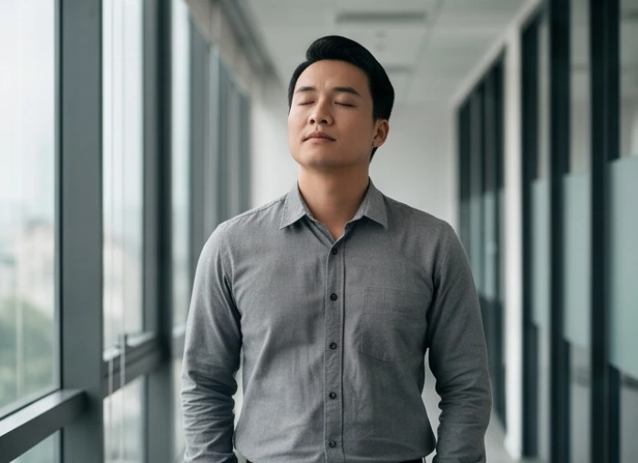 Nhân viên nam thực hành hít thở sâu mười giây để làm dịu phản ứng tự vệ tức thời trước khi thảo luận