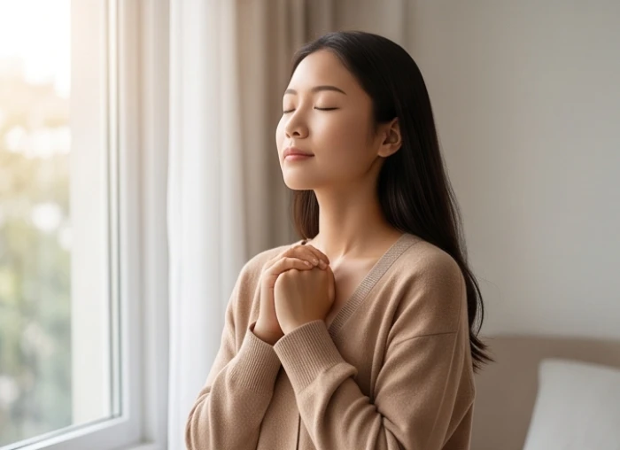 Cô gái nhắm mắt hít thở sâu để cân bằng lại tinh thần trước khi đối mặt với những cuộc tranh luận căng thẳng