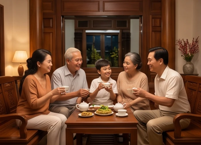 Gia đình nhiều thế hệ quây quần hòa thuận bên bàn trà ấm cúng trong phòng khách truyền thống