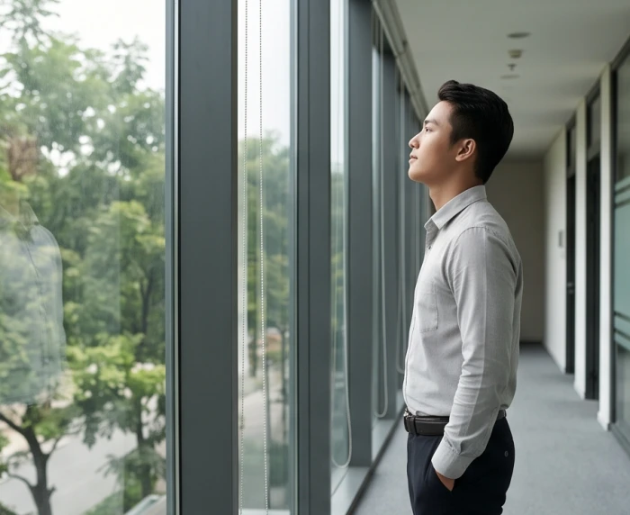 Nam giới trẻ tuổi đứng thư giãn và hít thở sâu bên cửa sổ phòng làm việc để lấy lại sự bình tĩnh khi gặp căng thẳng