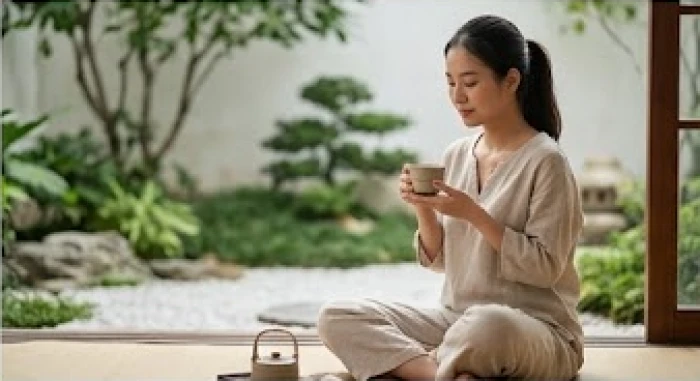 Người phụ nữ ngồi thưởng trà thư giãn trong một khu vườn tĩnh lặng để cân bằng và kiểm soát cảm xúc