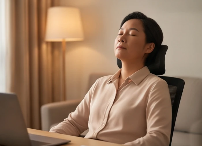 Người sinh năm 1982 nhắm mắt hít thở sâu để kiểm soát căng thẳng trong công việc