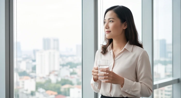 Người quản lý tuổi Thìn uống nước bên cửa sổ văn phòng để áp dụng quy tắc im lặng và điều hòa cảm xúc cá nhân
