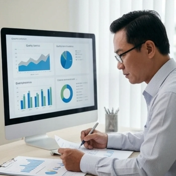 Người quản lý đang cẩn thận đối chiếu chi tiết các báo cáo và biểu đồ trên màn hình máy tính