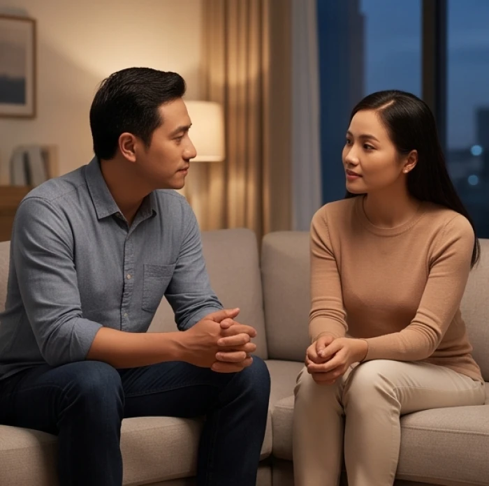 Cặp vợ chồng nhẹ nhàng trao đổi quan điểm tại phòng khách ấm cúng để giữ gìn sự gắn kết và thấu hiểu lẫn nhau