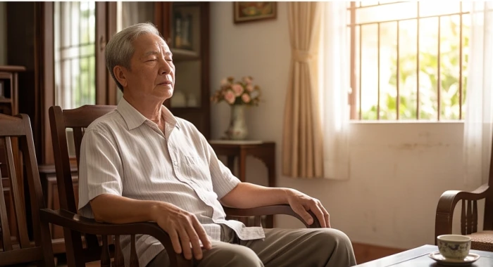 Người lớn tuổi nhắm mắt nhẹ nhàng và hít thở sâu để xoa dịu tâm trí khi bắt đầu có dấu hiệu căng thẳng