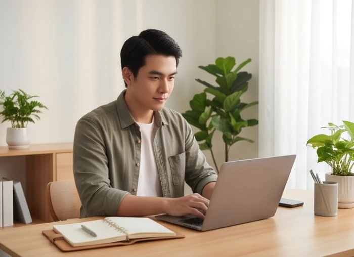 Nam doanh nhân 1995 bình tĩnh xử lý công việc trong không gian văn phòng gọn gàng thoáng đãng