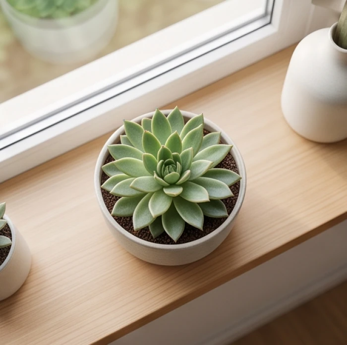 Bố trí phòng khách với chậu sen đá xanh nhỏ giúp kiểm soát lượng thủy khí vừa đủ cho gia chủ tuổi tân dậu 1981