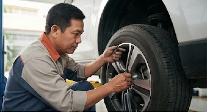 Người đàn ông kiểm tra kỹ thuật lốp xe và hệ thống phanh trước những chuyến đi xa để phòng hạn Toán Tận