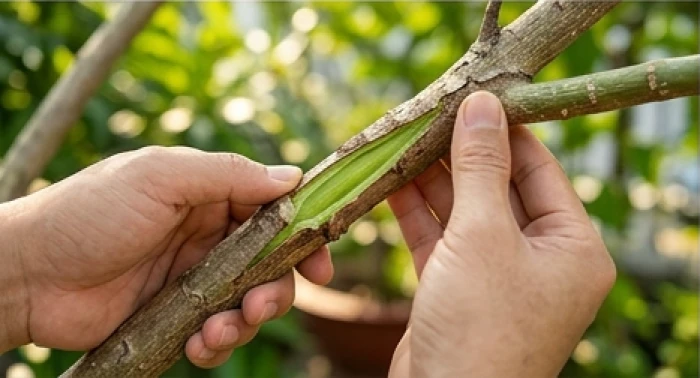 Kiểm tra độ dẻo và lớp vỏ xanh bên trong của cành cây bóng mát ngoài trời để phân biệt rụng lá sinh lý do nắng nóng