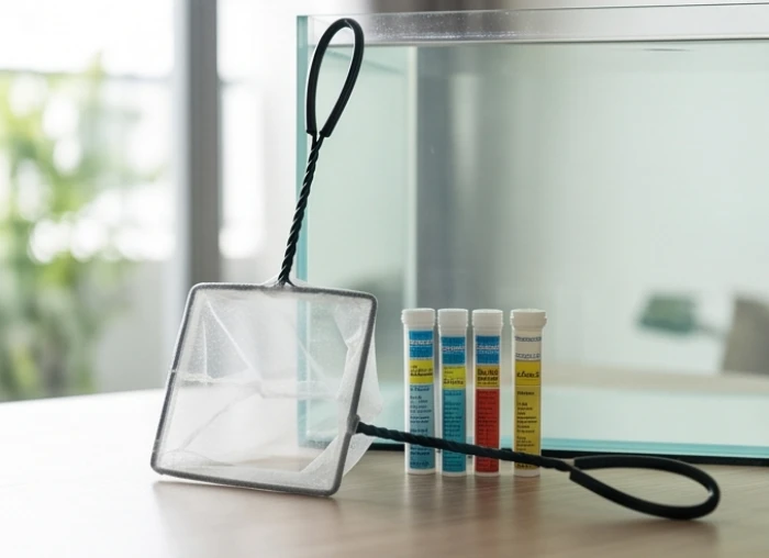 Bộ test nước chuyên dụng và vợt lưới sạch bên cạnh hồ cá cảnh giúp kiểm soát môi trường