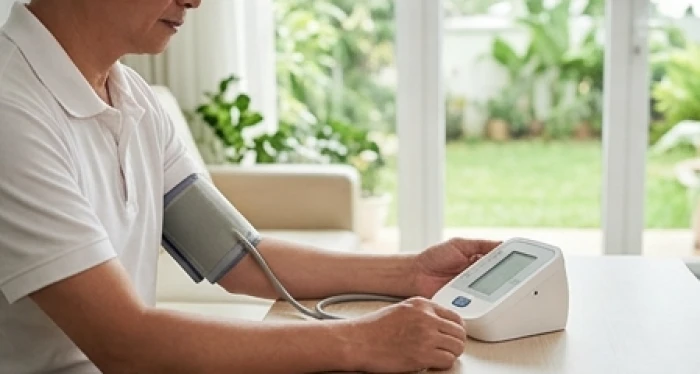 Gia chủ chủ động đo huyết áp tại nhà để theo dõi sức khỏe tim mạch trong những thời điểm giao mùa