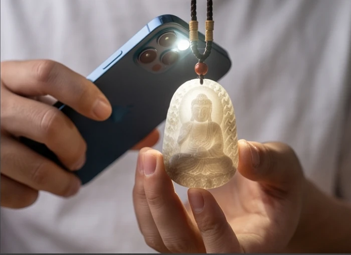 Dùng đèn flash điện thoại chiếu xuyên qua mặt Phật để quan sát các đường vân và cấu trúc đá tự nhiên