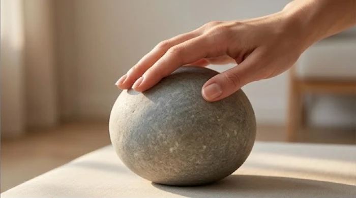 Bàn tay đang áp nhẹ lên bề mặt một quả cầu đá tự nhiên nguyên khối để cảm nhận độ mát lạnh