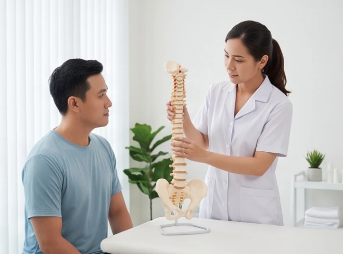 Bác sĩ chuyên khoa cơ xương khớp tư vấn và kiểm tra tình trạng vùng cổ vai gáy cho bệnh nhân nam trong phòng khám