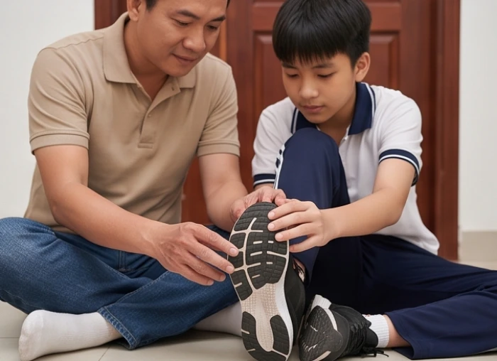 Phụ huynh kiểm tra độ bám của đế giày thể thao cho con trai nhằm phòng ngừa trượt ngã khi vận động tại trường