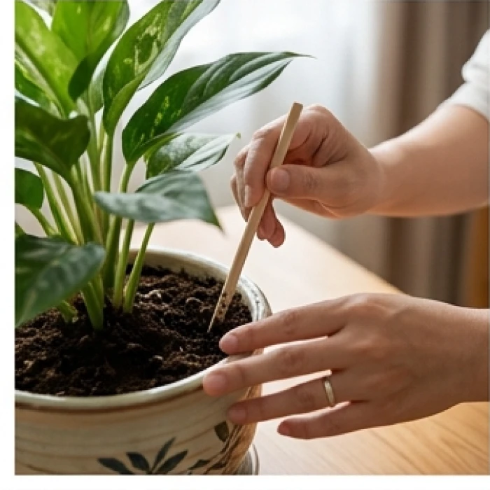 Đôi tay đang cắm một que gỗ nhỏ xuống phần mép đất trong chậu cây để kiểm tra độ ẩm