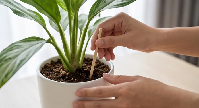 Bàn tay đang cắm một que gỗ nhỏ vào phần đất trồng trong chậu để kiểm tra mức độ ẩm ướt