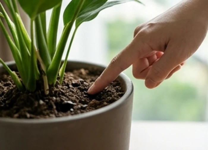 Dùng ngón tay ấn nhẹ xuống bề mặt lớp đất trong chậu để kiểm tra chính xác độ ẩm trước khi quyết định tưới nước