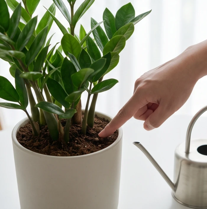 Người trồng cây ấn ngón tay xuống lớp đất chậu kim tiền để kiểm tra độ ẩm trước khi tưới