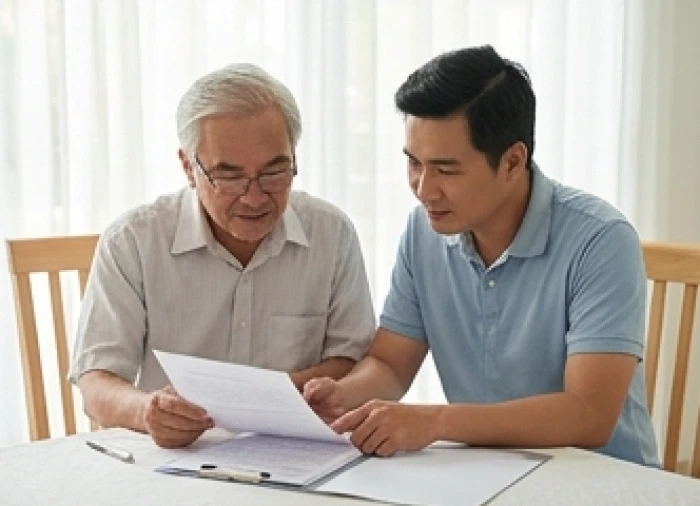 Gia chủ lớn tuổi cùng con cháu đọc kỹ các điều khoản giấy tờ hợp đồng để phòng tránh rắc rối từ hạn địa võng