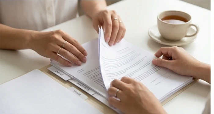 Bàn tay đang lật mở cẩn thận từng trang hồ sơ lưu trữ bên cạnh tách trà mạn nghi ngút khói