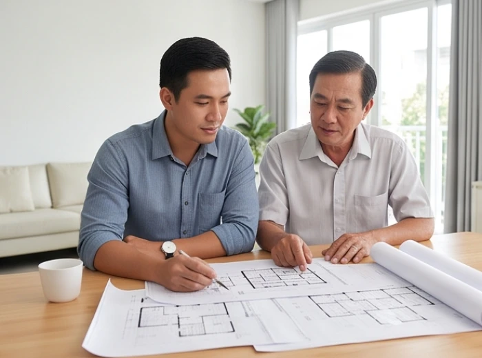 Gia chủ tuổi Giáp Tuất tham khảo ý kiến chuyên gia kiến trúc và người lớn tuổi để mượn tuổi động thổ xây nhà an toàn
