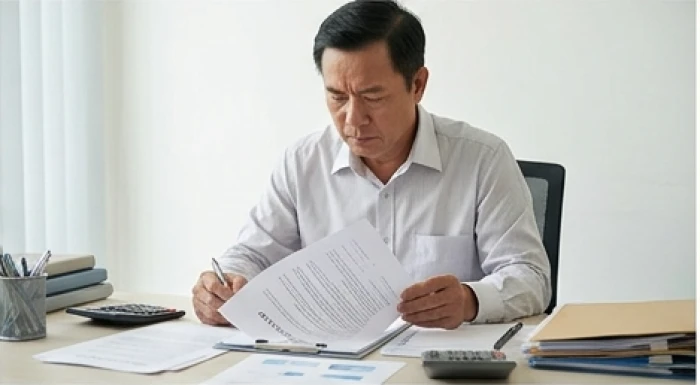 Người đàn ông tập trung đọc kỹ các điều khoản trong tập hồ sơ hợp đồng kinh tế