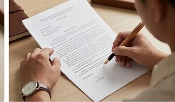 Người đàn ông cẩn thận rà soát các điều khoản trên tập hồ sơ pháp lý dưới ánh đèn vàng ấm áp