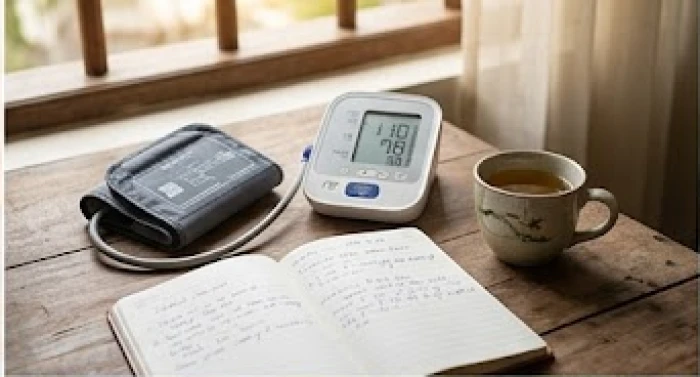 Máy đo huyết áp điện tử đặt cạnh sổ tay y tế cá nhân của người cao tuổi trên chiếc bàn gỗ mộc mạc