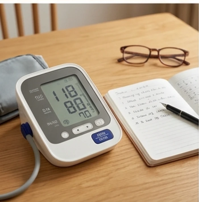 Chiếc máy đo huyết áp điện tử hiện kết quả ổn định bên cạnh cuốn sổ tay theo dõi sức khỏe của người cao tuổi