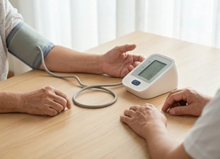 Người lớn tuổi đang sử dụng máy đo huyết áp tại nhà để chủ động theo dõi sức khỏe tim mạch định kỳ