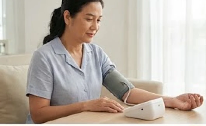 Người phụ nữ trung niên đang tự đo huyết áp tại nhà để theo dõi tình trạng sức khỏe tim mạch