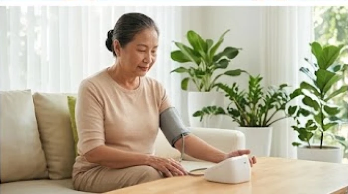 Người lớn tuổi tự đo huyết áp định kỳ tại nhà để kiểm soát sức khỏe tim mạch trong giai đoạn giao mùa