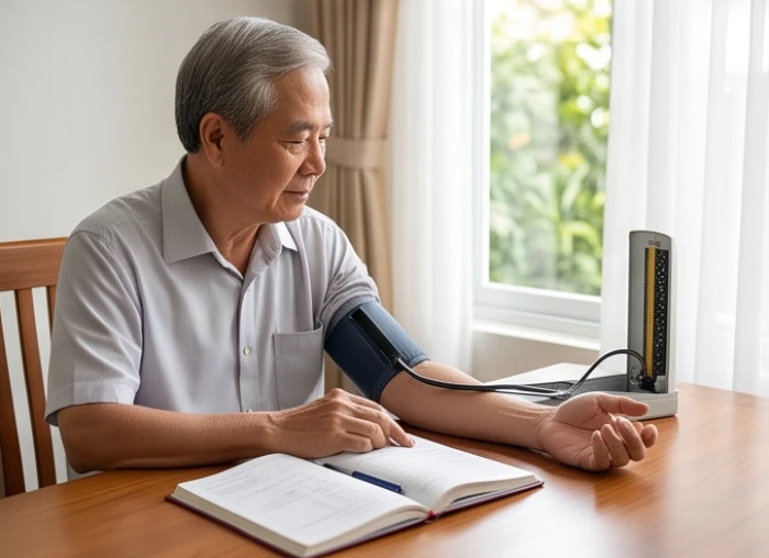 Người cao tuổi tự đo huyết áp định kỳ tại nhà nhằm theo dõi sức khỏe tim mạch