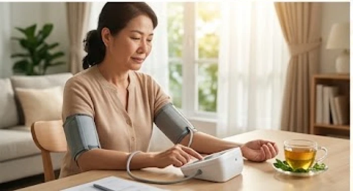 Người trung niên đo huyết áp tại nhà theo dõi chỉ số tim mạch trong hạn sức khỏe tử vi tuổi ngọ năm 2027