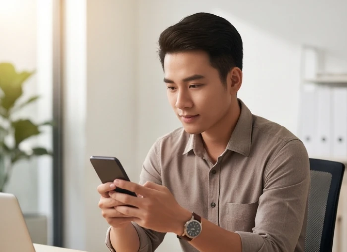 Nam nhân viên đang kiểm tra lại màn hình điện thoại trước khi gửi tin nhắn cho đối tác