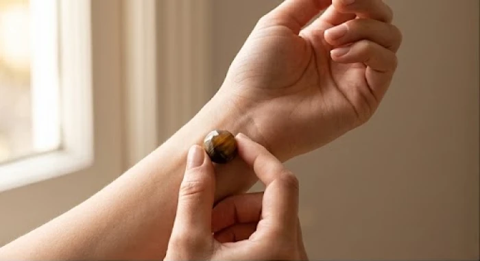 Áp viên đá tự nhiên lên vùng da mặt trong cổ tay để cảm nhận nhiệt
