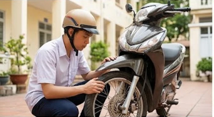 Học sinh tuổi mậu tý kiểm tra phanh xe và đội mũ bảo hiểm đạt chuẩn trước khi tham gia giao thông