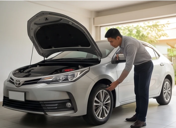 Chủ xe cẩn thận kiểm tra hệ thống lốp và động cơ ô tô cá nhân trước chuyến đi xa để đảm bảo an toàn di chuyển