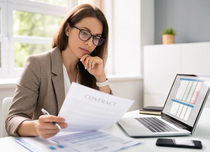 Nhân sự rà soát cẩn thận tài liệu và hợp đồng pháp lý để phát triển sự nghiệp tuổi ngọ